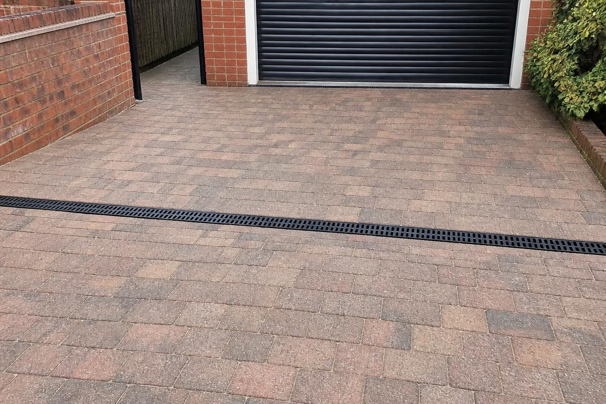 Same driveway after drain repair with new channel and block paving re-laid