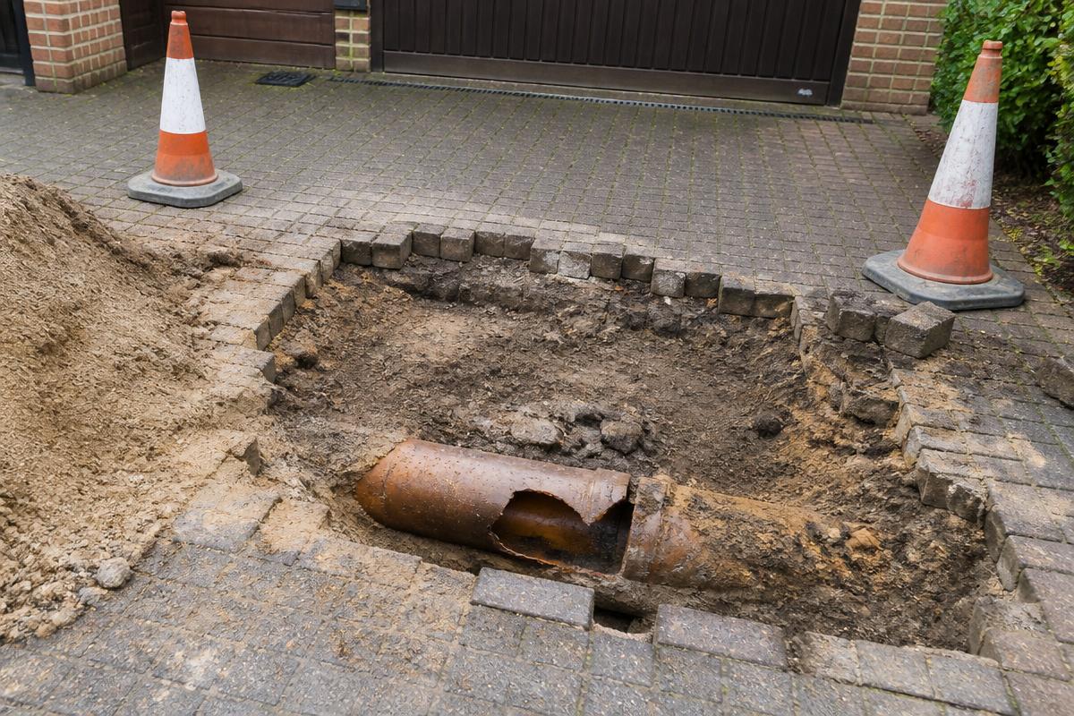 Excavated driveway showing a broken clay drain pipe before repair