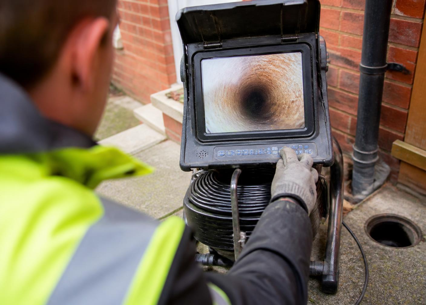 CCTV drain survey camera reel and monitor beside an open manhole